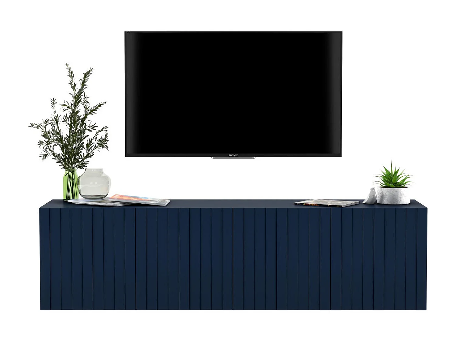 Meuble TV avec 4 portes - Corps Bleu marine mat, façades rainurées Bleu marine mat - 150 cm