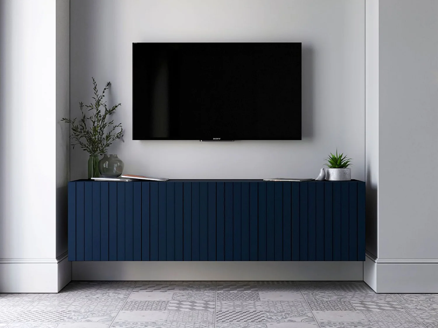 Meuble TV avec 4 portes - Corps Bleu marine mat, façades rainurées Bleu marine mat - 150 cm