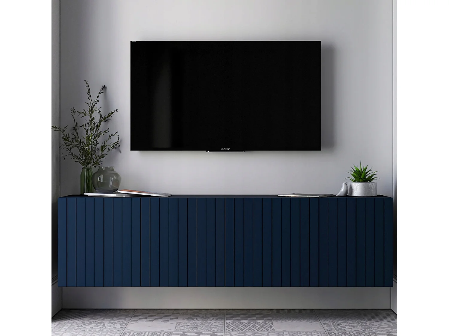 Meuble TV avec 4 portes - Corps Bleu marine mat, façades rainurées Bleu marine mat - 150 cm