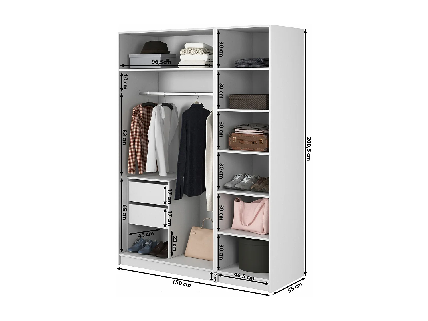 Kleiderschrank 3T mit langer Stange & Schubladen - 150 cm - schwarz - FRAME