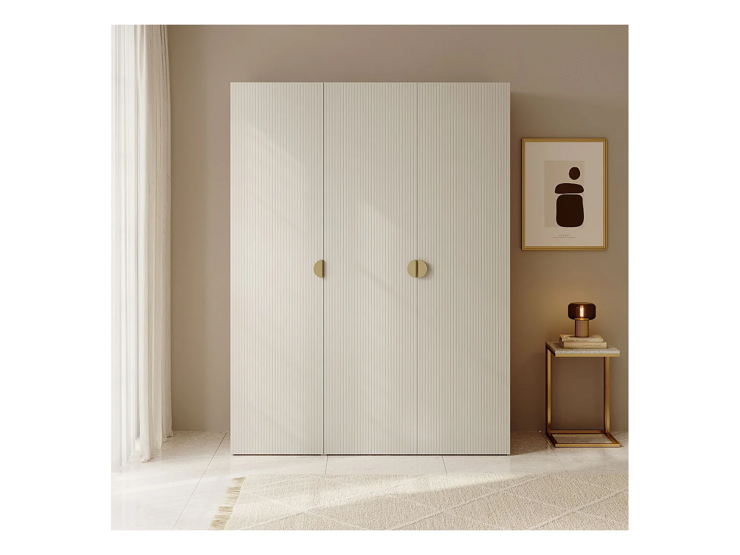 Armoire 3 portes avec longue tringle et 7 étagères - 150 cm - grège - MOONIR