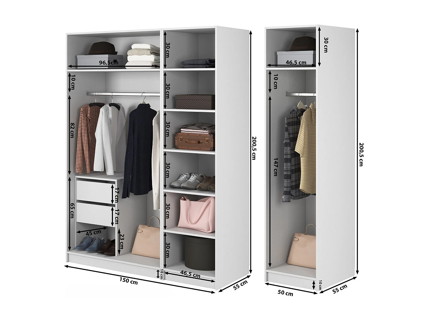 Armoire 4 portes avec 2 tringle et tiroirs - 200 cm - noir - FRAME