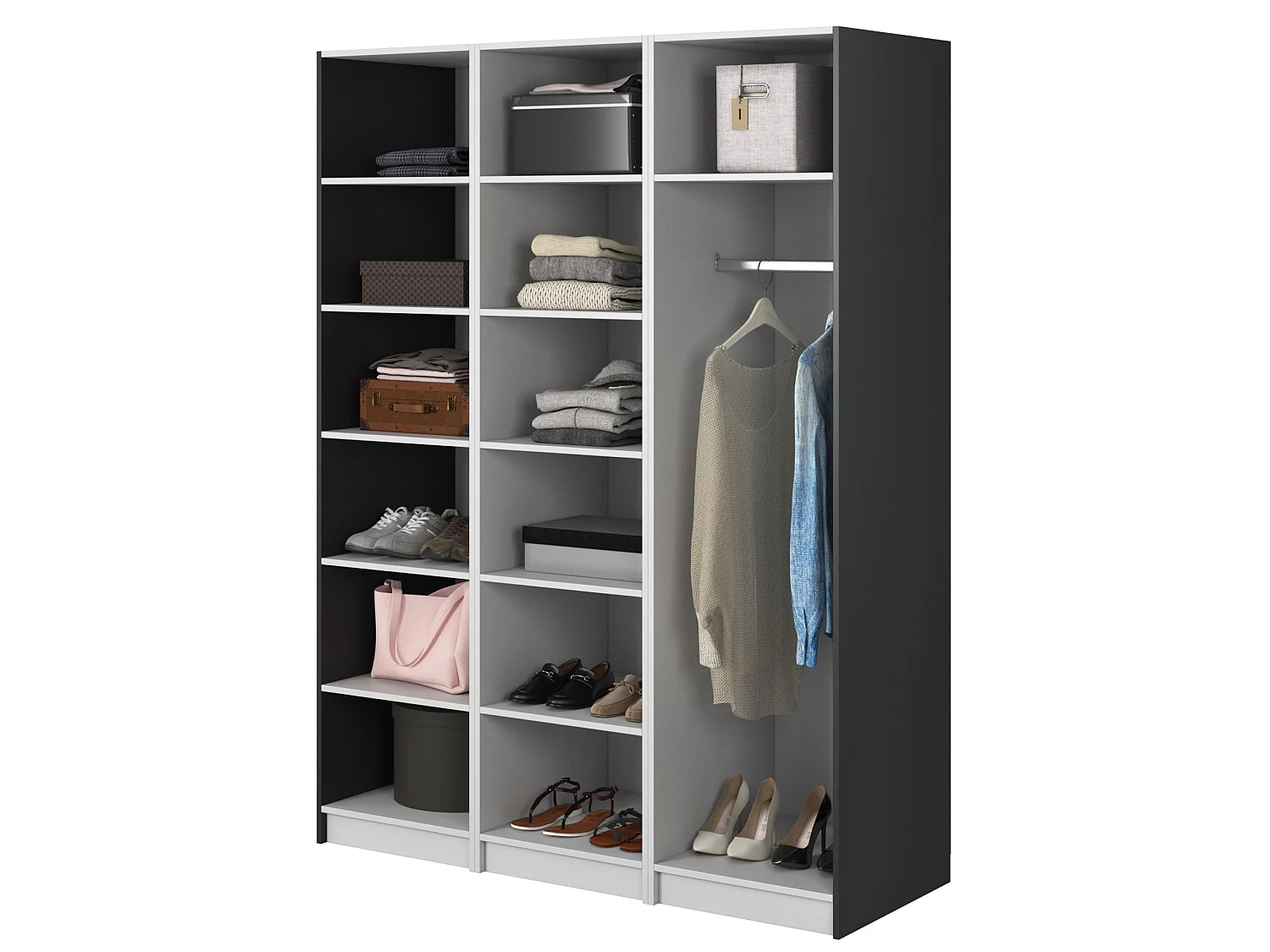 3-deurskast met roede en planken - 150 cm - zwart - FRAME