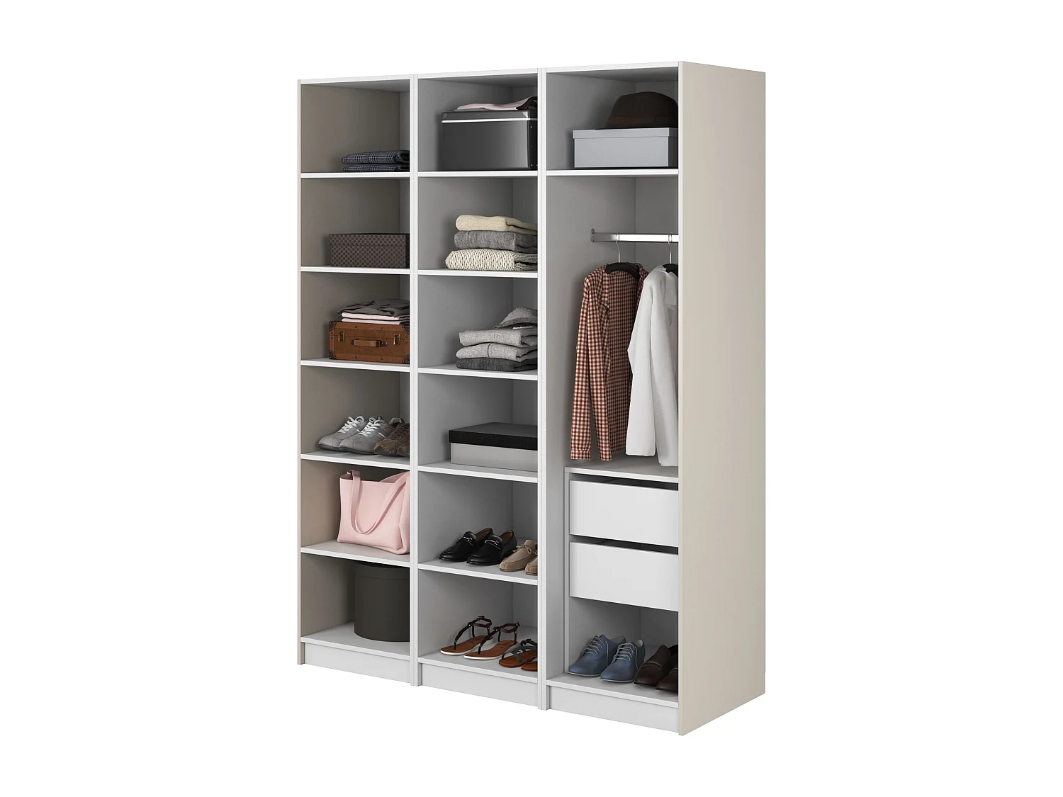 Armoire 3 portes avec tringle et tiroirs - 150 cm - grège- MOONIR