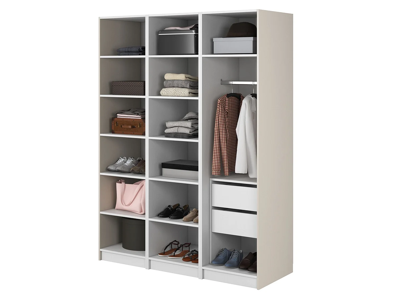 Armoire 3 portes avec tringle et tiroirs - 150 cm - grège- MOONIR