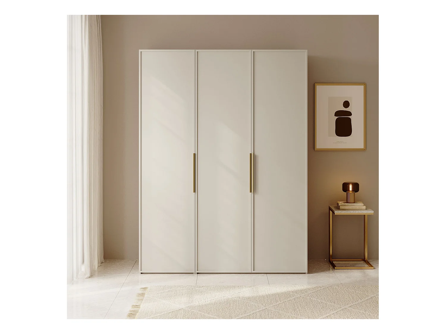 Armoire 3 portes avec longue tringle et tiroirs - 150 cm - grège - FRAME