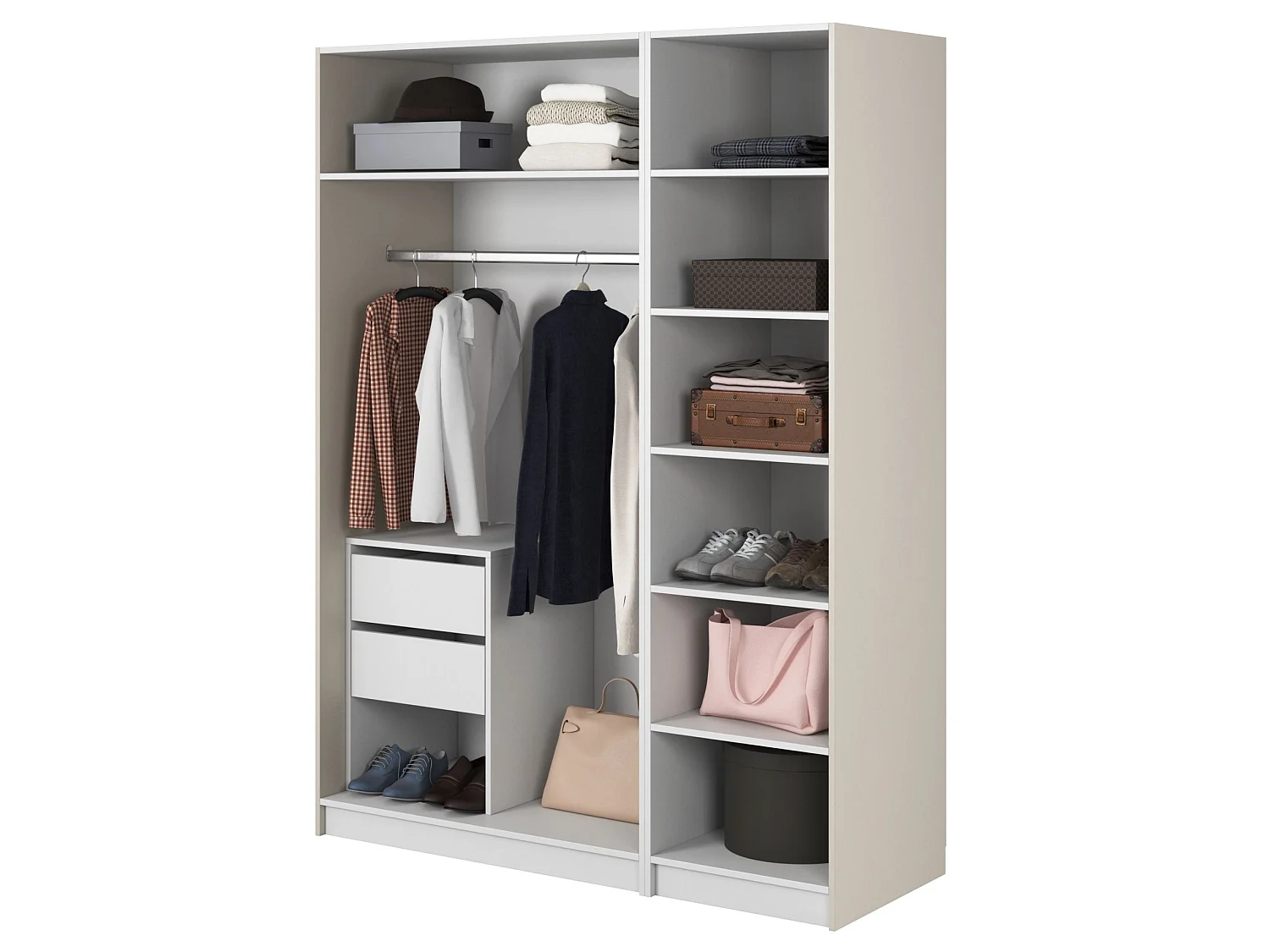 Armoire 3 portes avec longue tringle et tiroirs - 150 cm - grège - FRAME