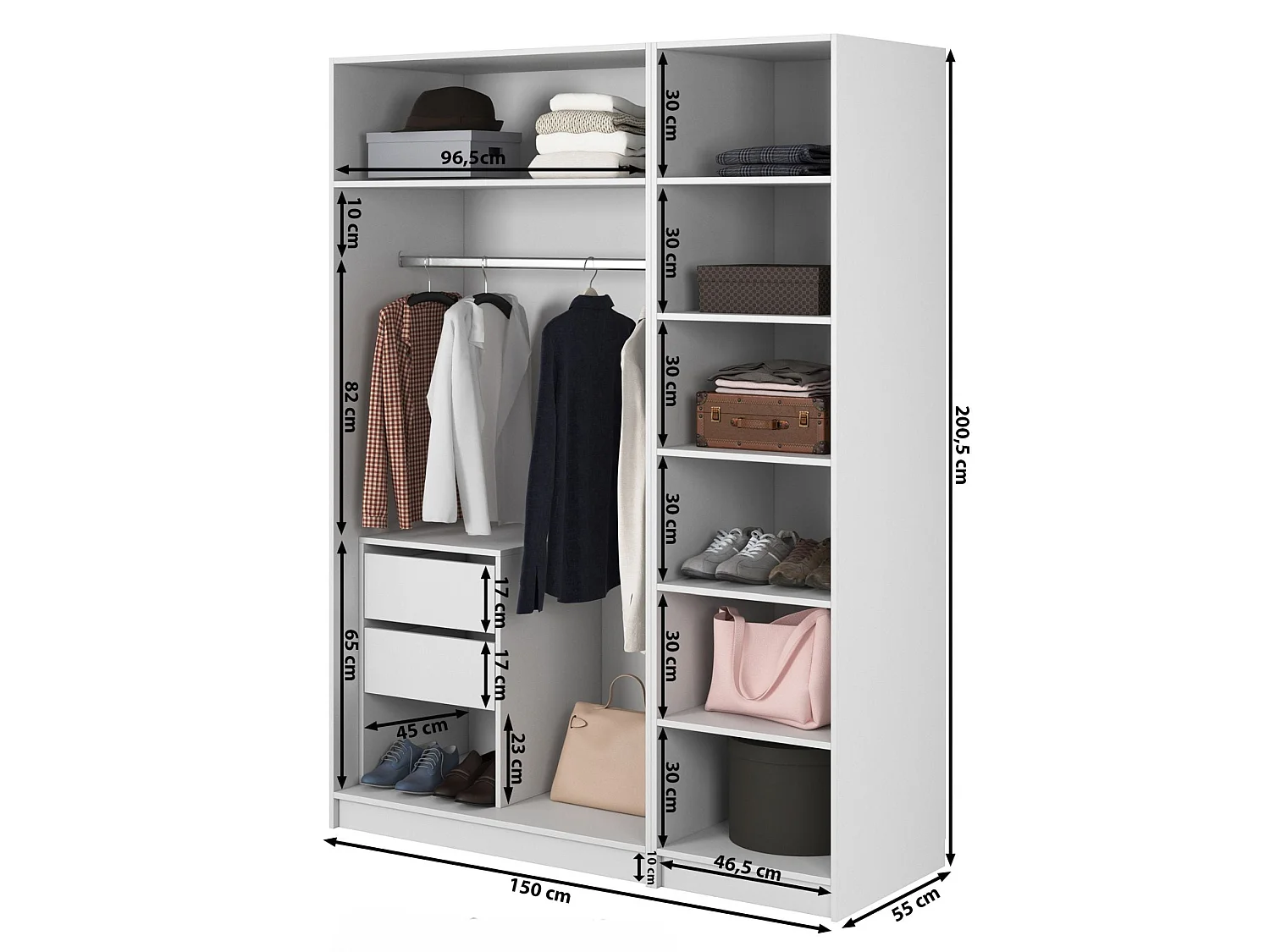 Armoire 3 portes avec longue tringle et tiroirs - 150 cm - blanc - FRAME