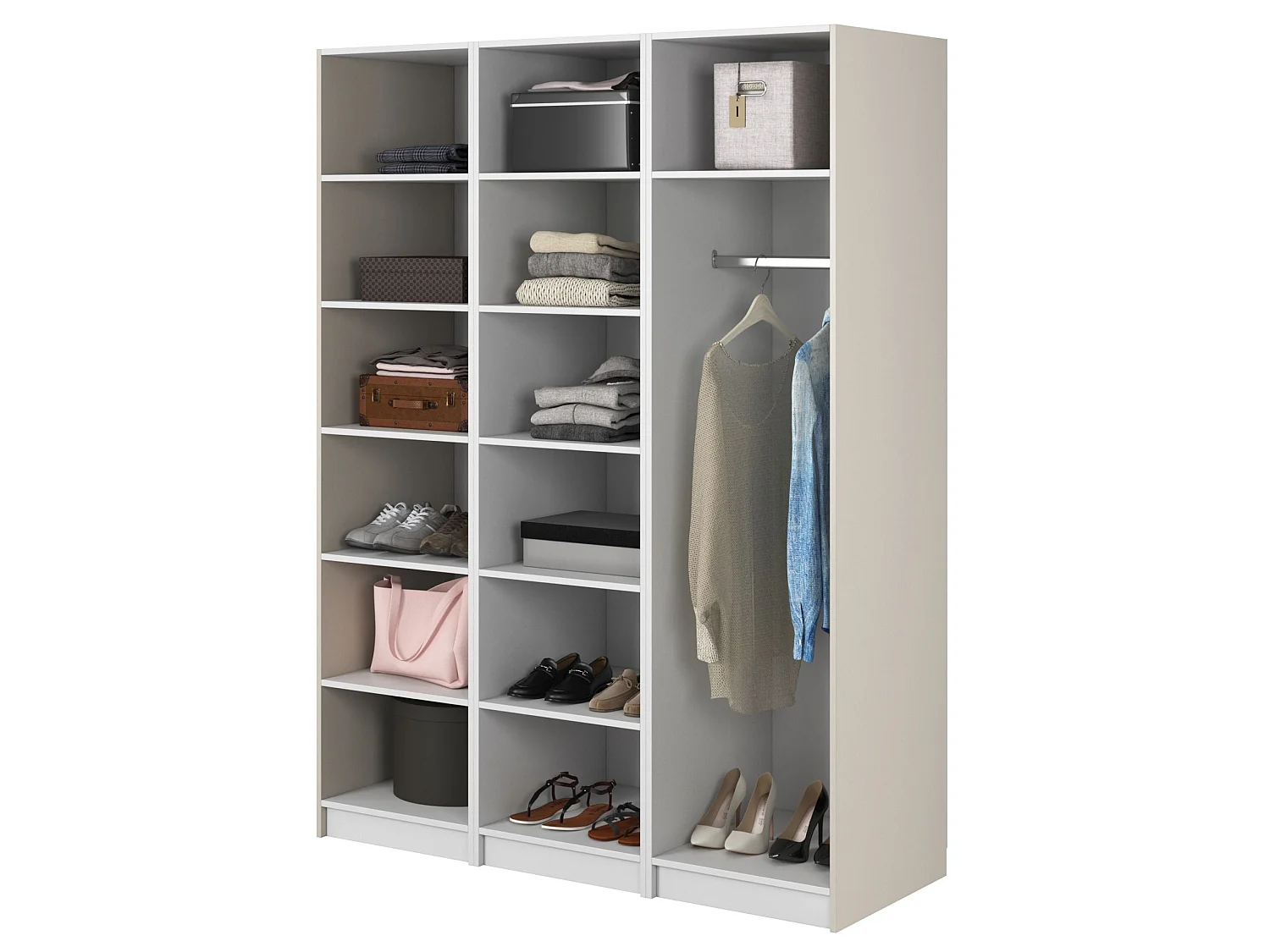 Armoire 3 portes avec tringle et étagères - 150 cm - grège - FRAME
