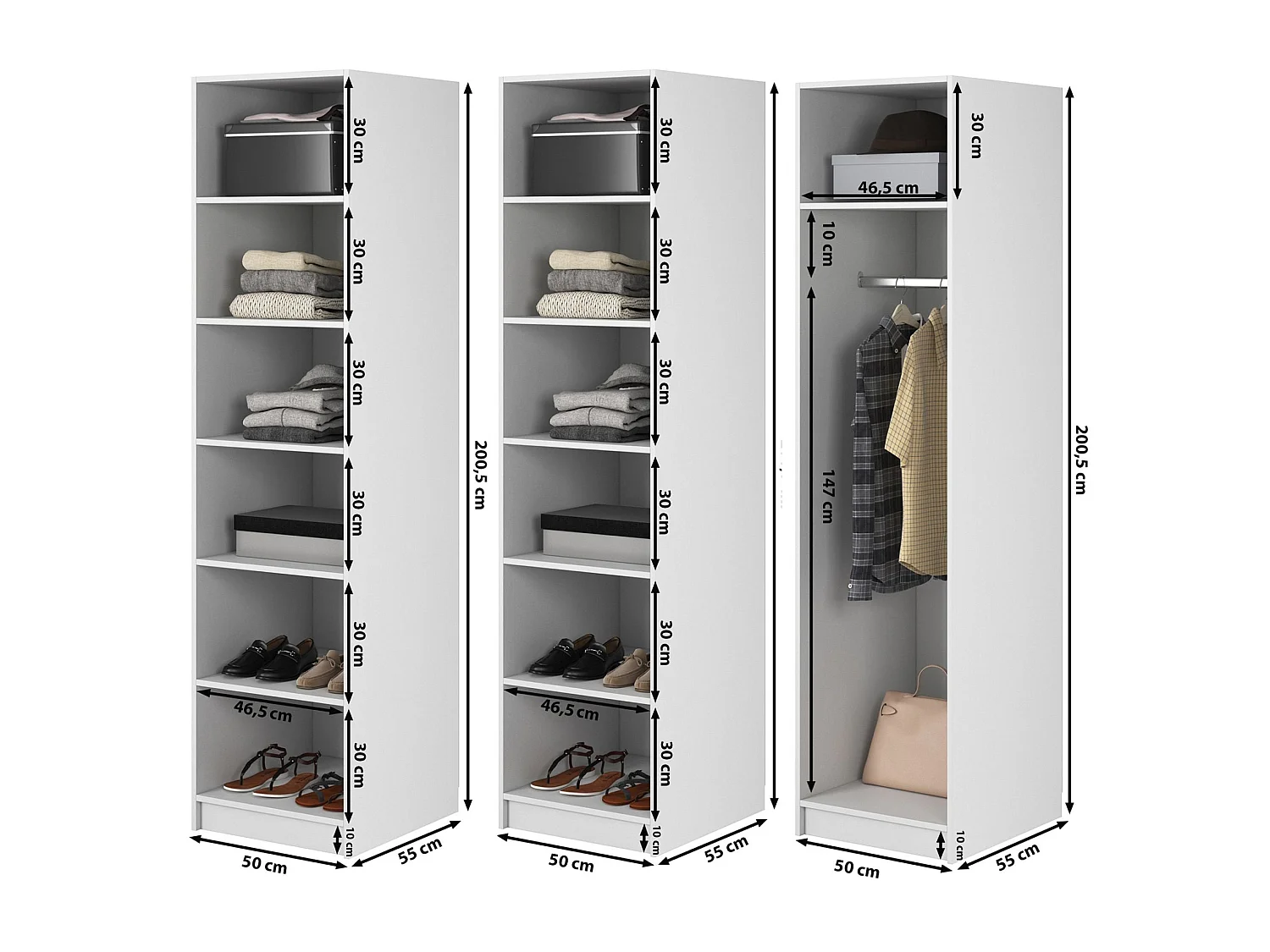 Armoire 3 portes avec tringle et étagères - 150 cm - grège - FRAME