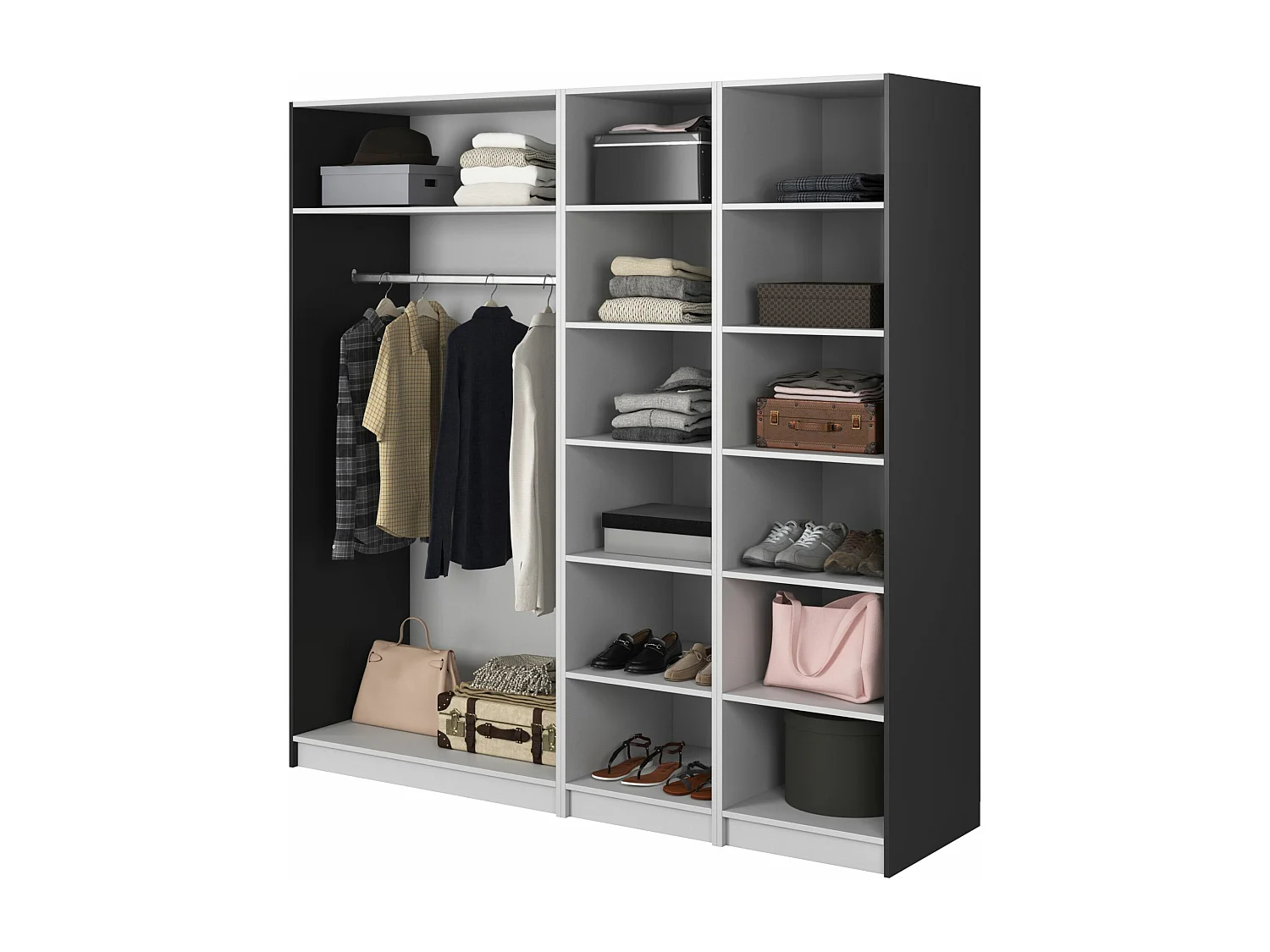 Armoire 4 portes avec tringle et étagères - 200 cm - noir - MOONIR