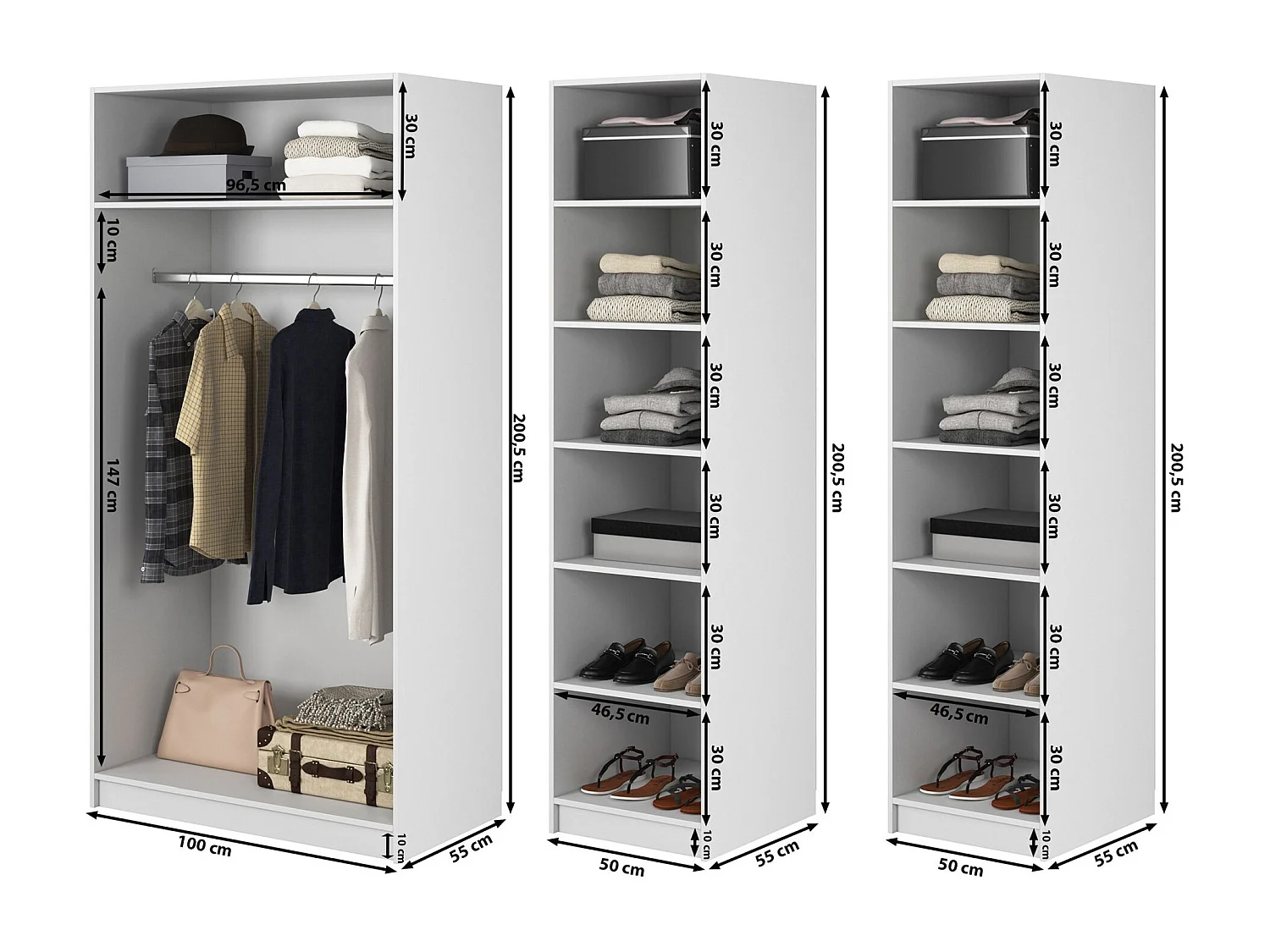 Armoire 4 portes avec tringle et étagères - 200 cm - noir - MOONIR