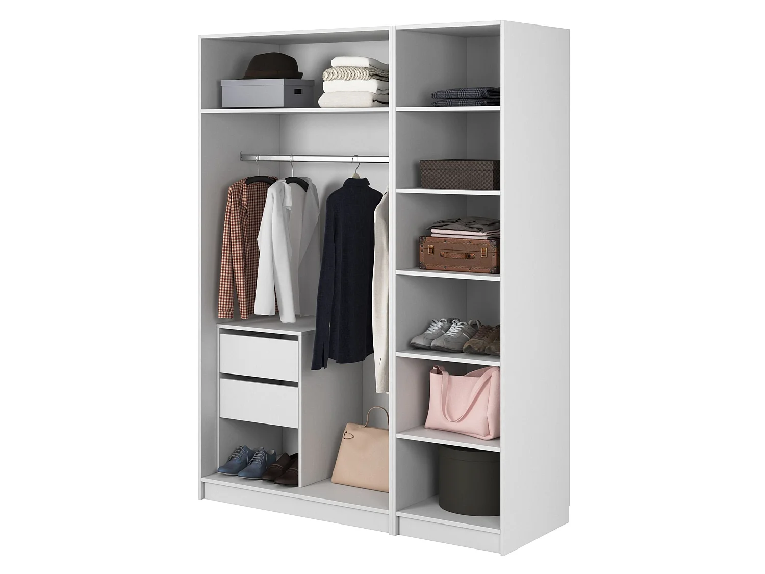 Armoire 3 portes avec tringle et tiroirs - 150 cm - blanc - MOONIR