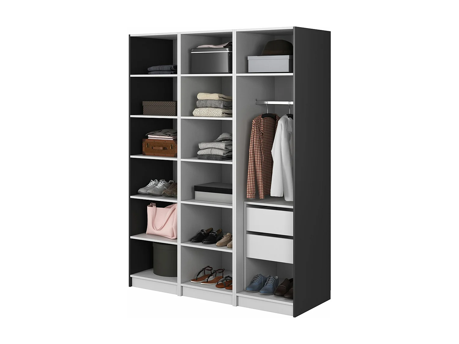 Armoire 3 portes avec tringle et tiroirs - 150 cm - noir - MOONIR