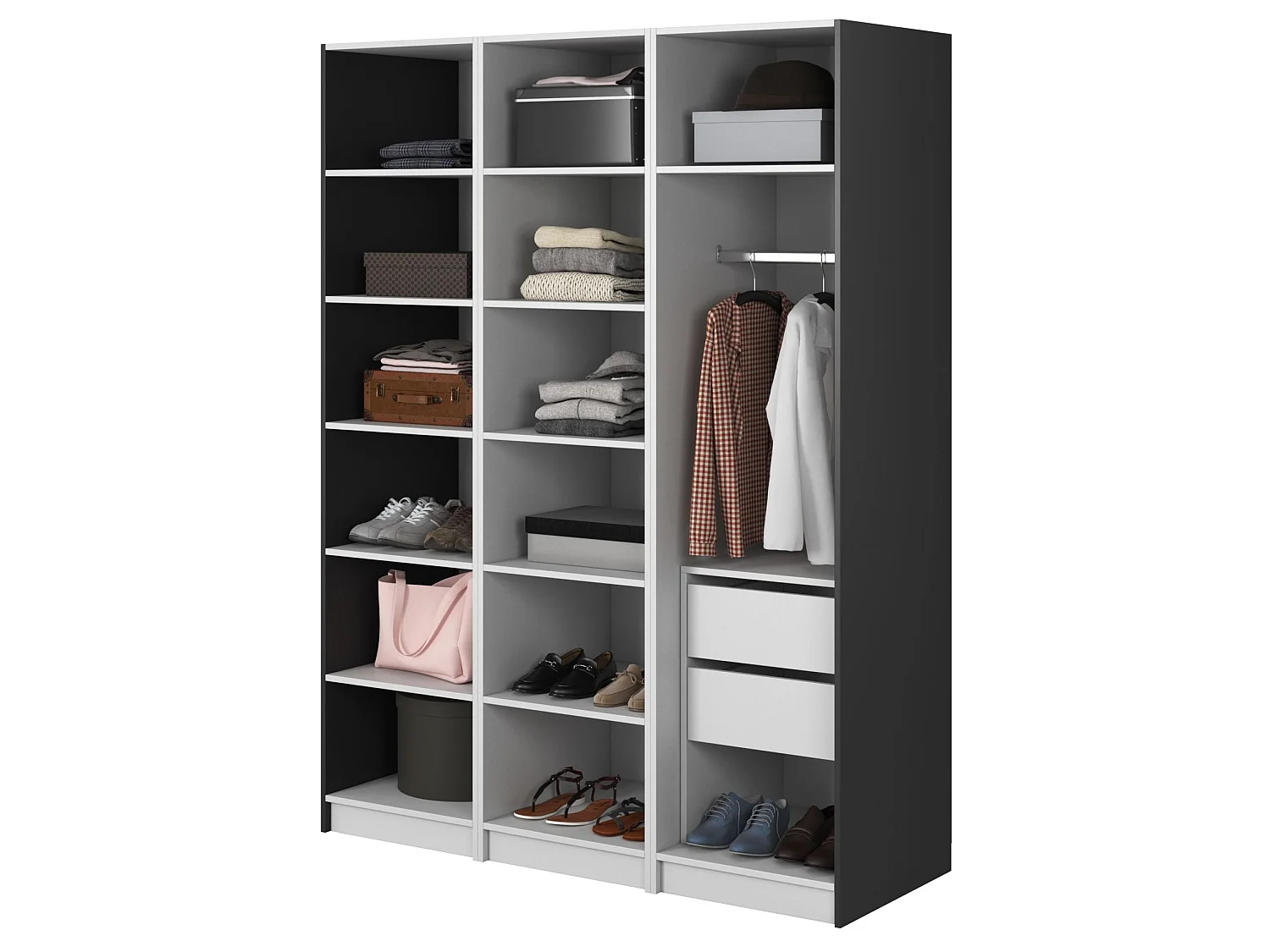 Armoire 3 portes avec tringle et tiroirs - 150 cm - noir - MOONIR