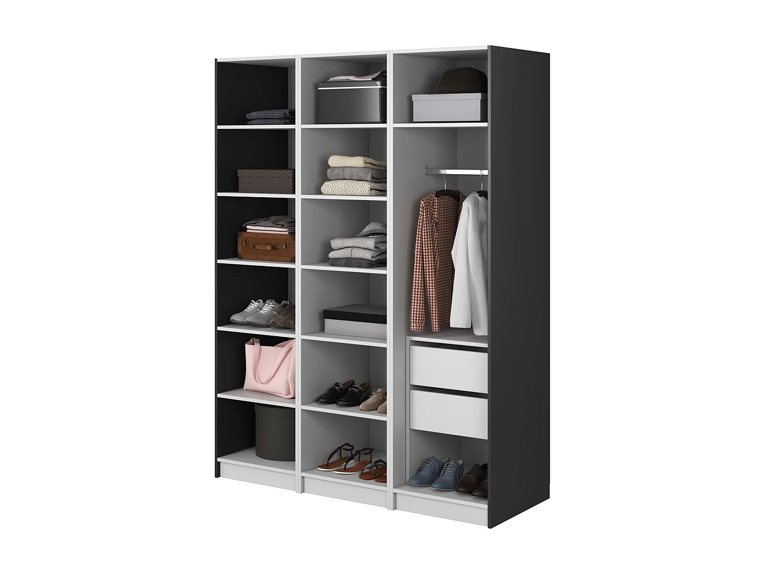 Armoire 3 portes avec tringle et tiroirs - 150 cm - noir - FRAME