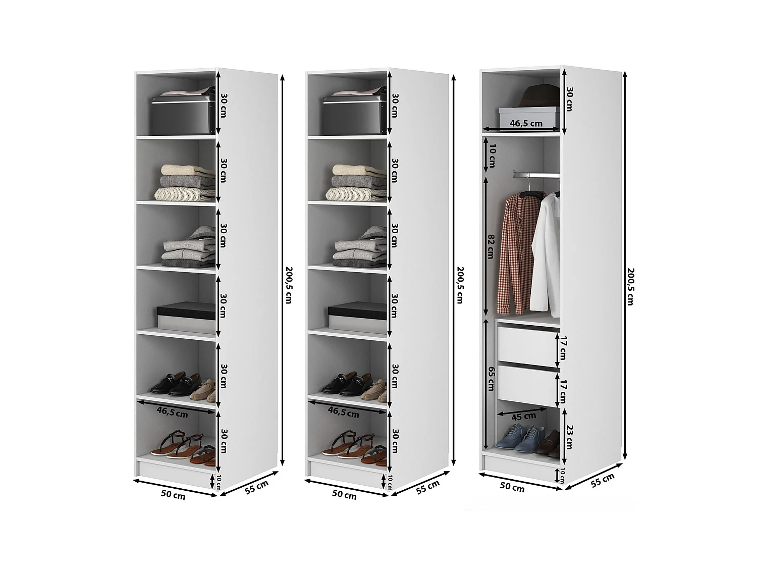Armoire 3 portes avec tringle et tiroirs - 150 cm - noir - FRAME