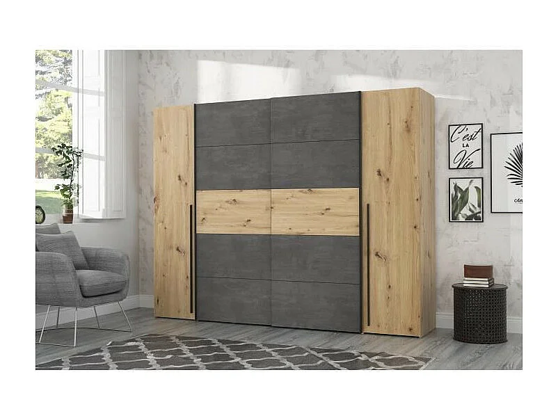 Szafa Dębowa Rękodzieło i Szary Beton - 2 Drzwi Otwierane na Zewnątrz + 2 Drzwi Przesuwane - S 270,3 x G 61,2 x W 210 cm