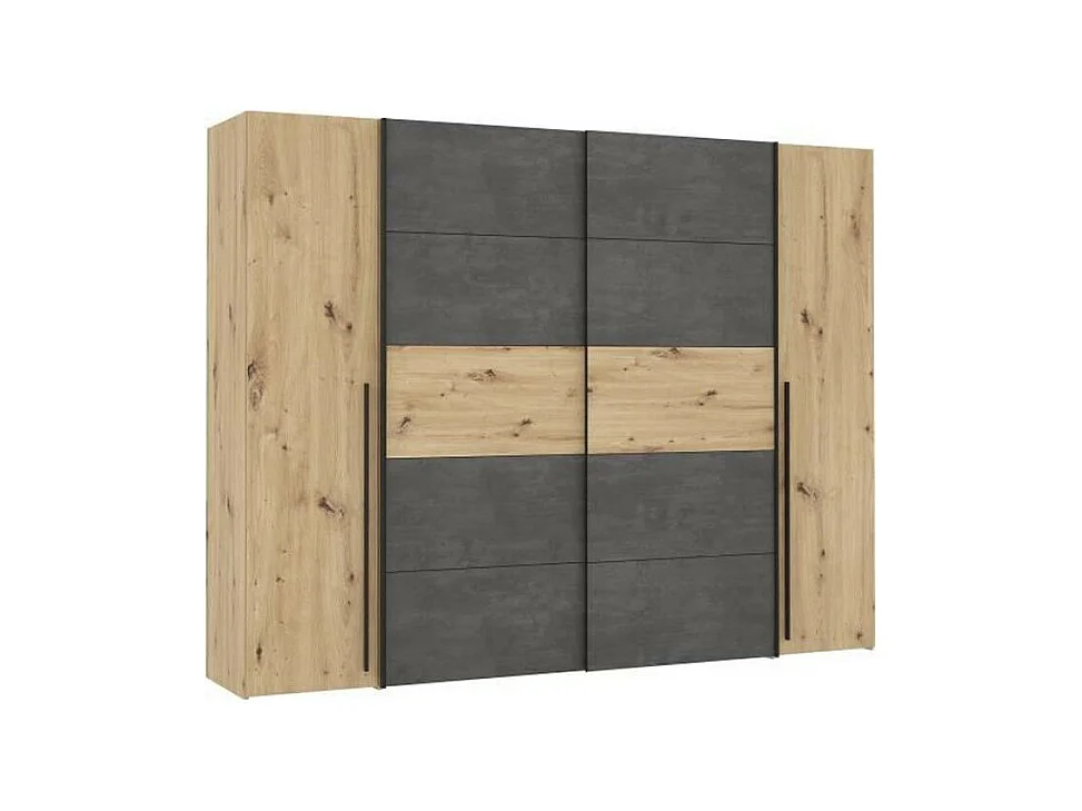Armoire Chêne Artisan et Béton Gris - 2 Portes Battantes + 2 Portes Coulissantes - L 270,3 x P 61,2 x H 210 cm