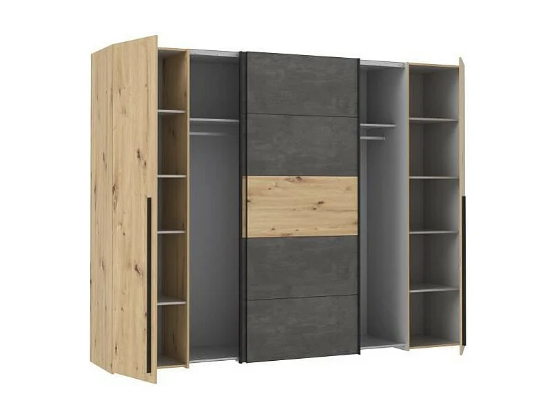 Armoire Chêne Artisan et Béton Gris - 2 Portes Battantes + 2 Portes Coulissantes - L 270,3 x P 61,2 x H 210 cm