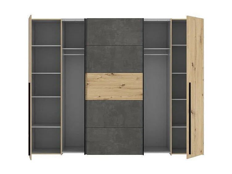 Armoire Chêne Artisan et Béton Gris - 2 Portes Battantes + 2 Portes Coulissantes - L 270,3 x P 61,2 x H 210 cm