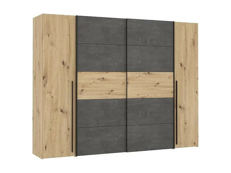 Armoire Chêne Artisan et Béton Gris - 2 Portes Battantes + 2 Portes Coulissantes - L 270,3 x P 61,2 x H 210 cm