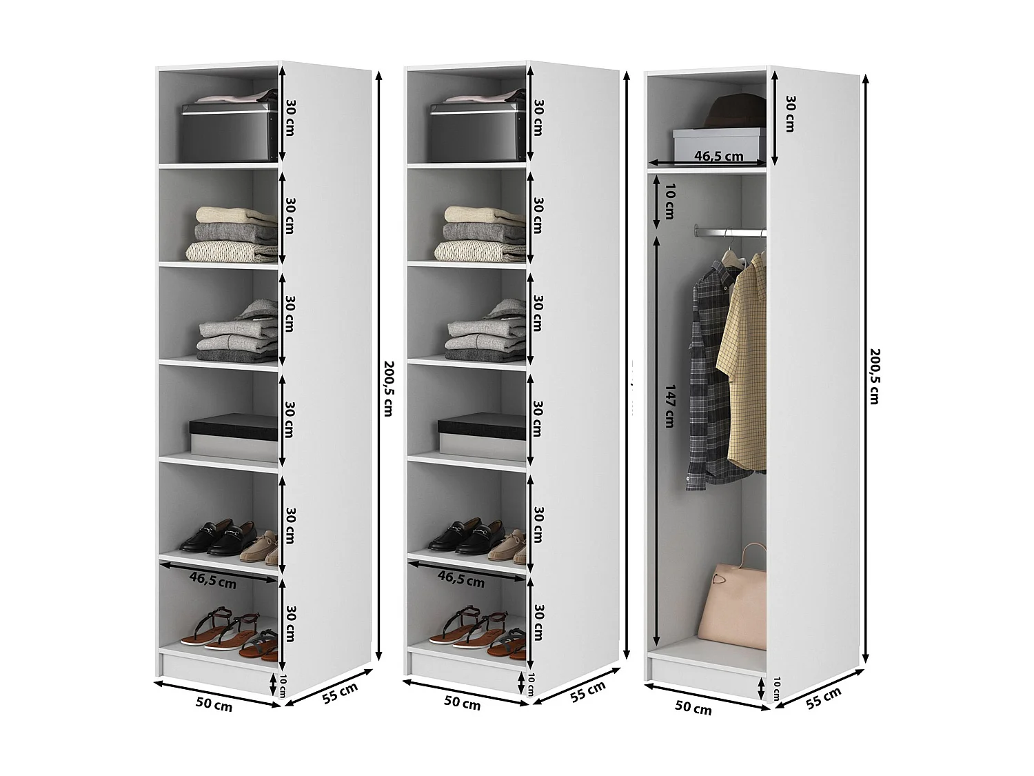 Armoire 3 portes avec tringle et étagères - 150 cm - blanc- FRAME