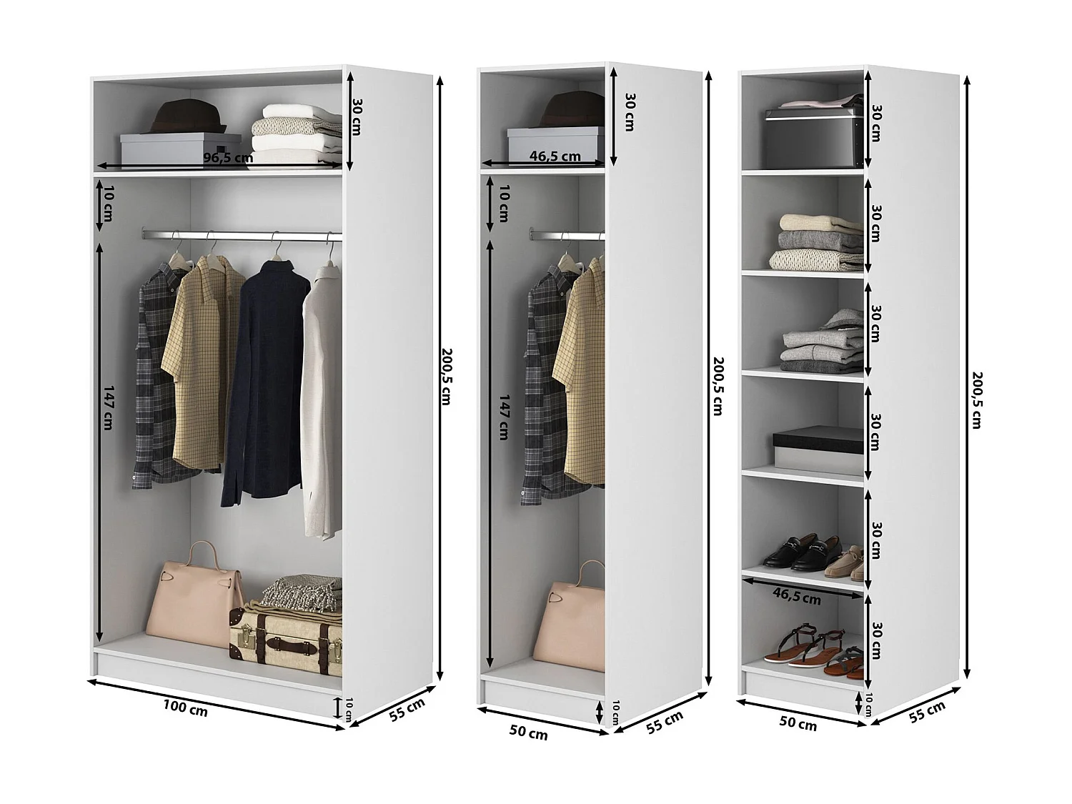 Armoire 4 portes avec 2 tringles et étagères - 200 cm - grège - MOONIR