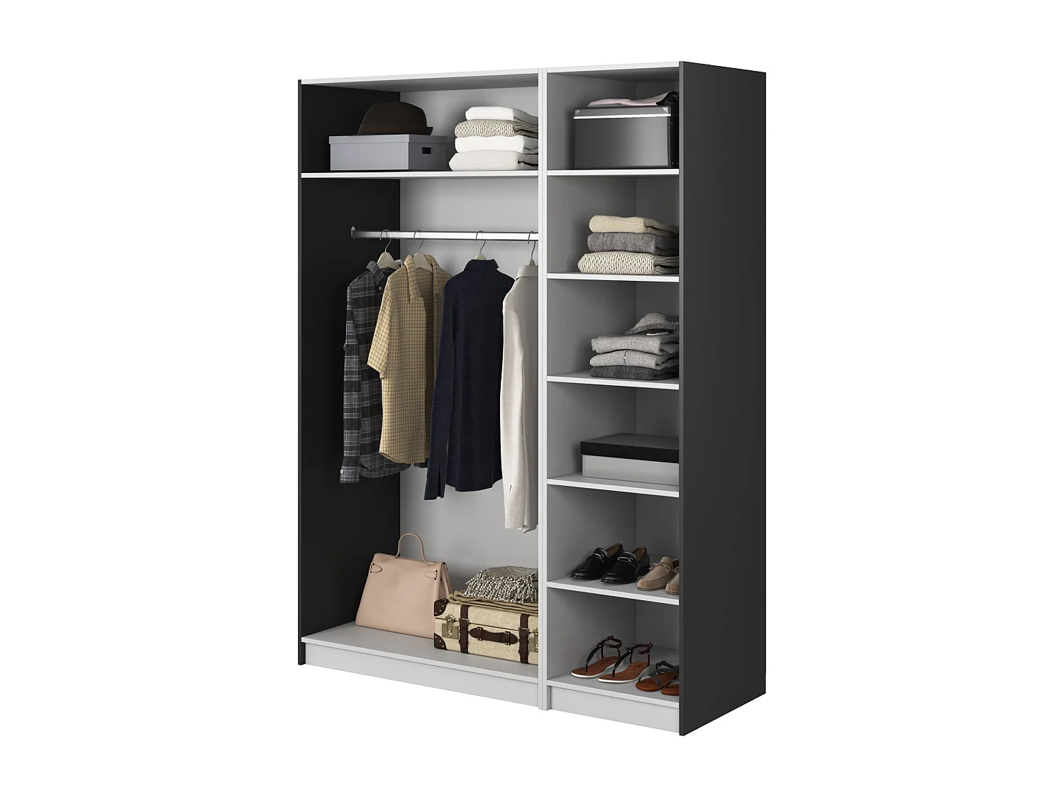 Armoire 3 portes avec longue tringle et 7 étagères - 150 cm - noir - MOONIR