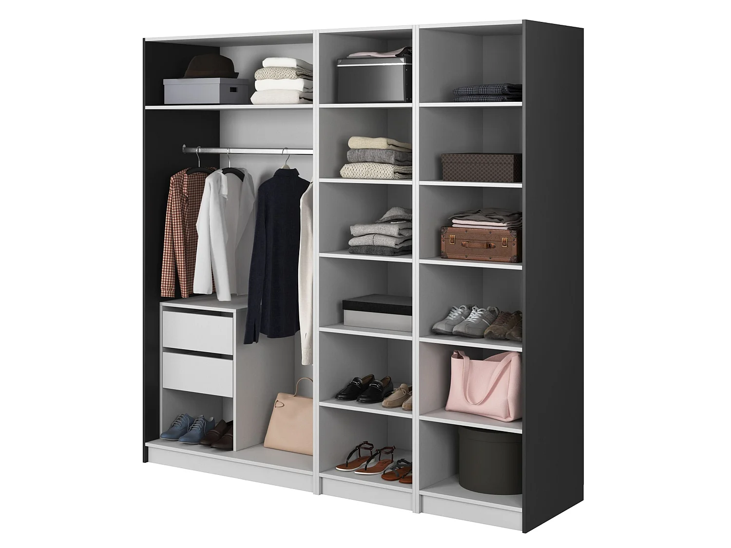 Armoire 4 portes avec tringle et tiroirs - 200 cm - noir - FRAME
