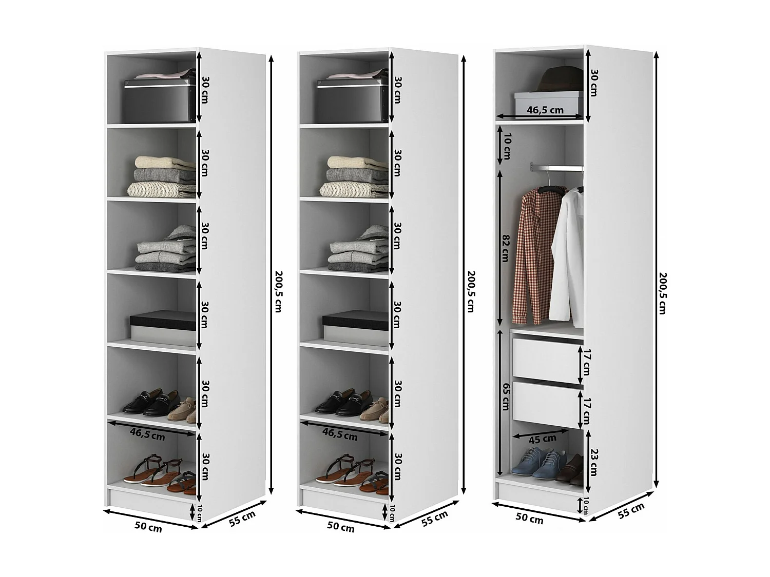 Armoire 3 portes avec tringle et tiroirs - 150 cm - blanc - FRAME