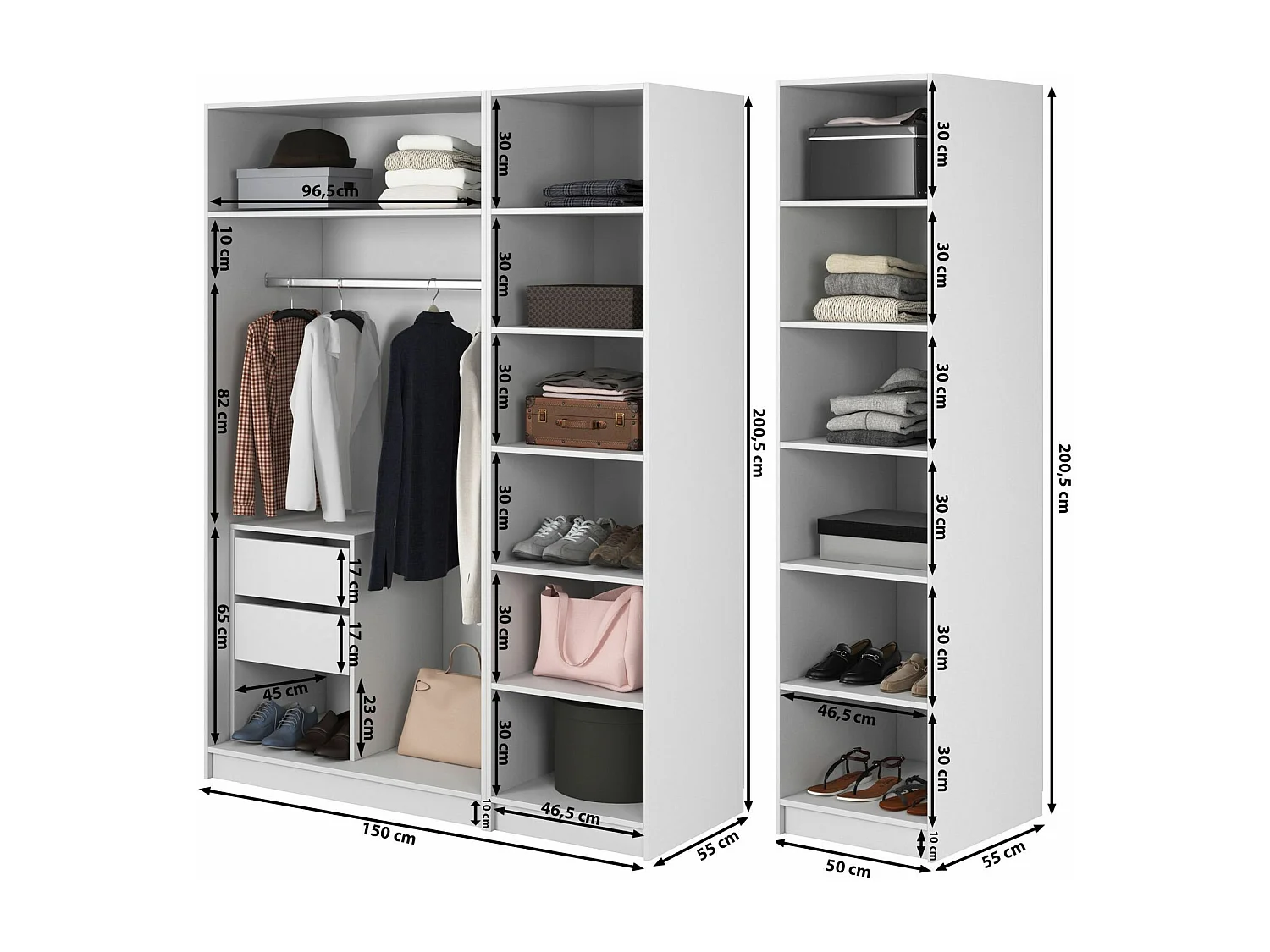 Armoire 4 portes avec tringle et tiroirs - 200 cm - blanc - MOONIR