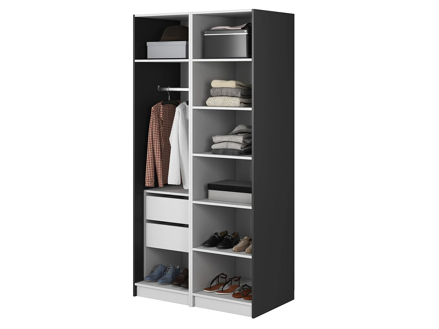 Armoire 2 portes avec tringle et tiroirs - 100 cm - noir - MOONIR