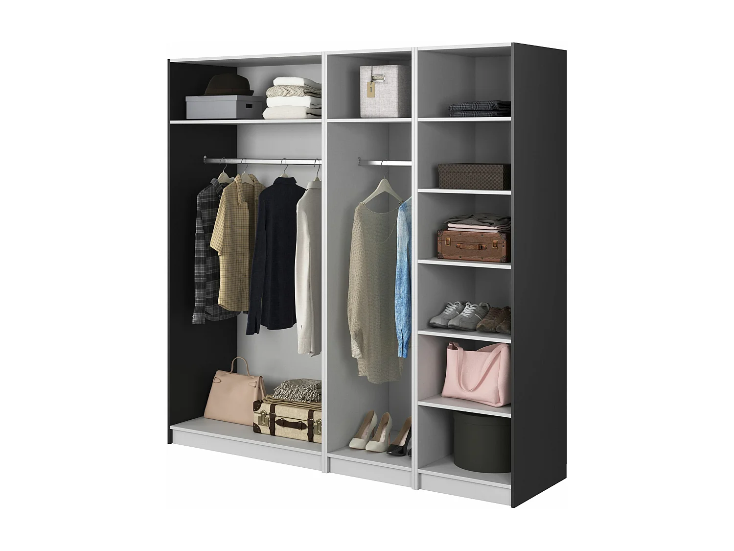 Armoire 4 portes avec 2 tringles et étagères - 200 cm - noir - MOONIR
