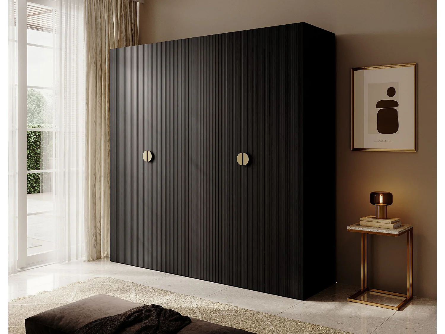 4-deurs kledingkast met 2 roedes en planken - 200 cm - zwart - MOONIR