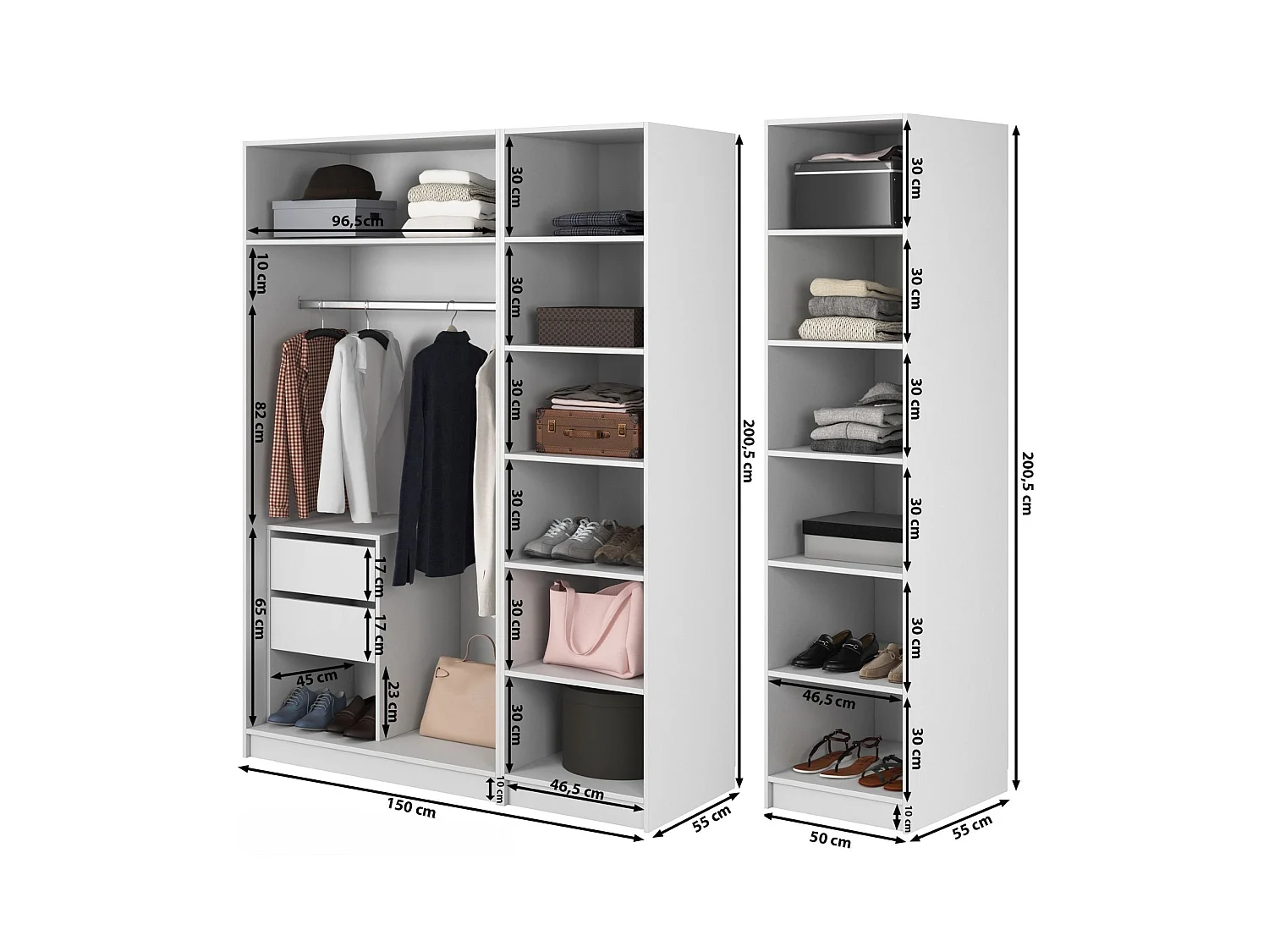 Armoire 4 portes avec tringle et tiroirs - 200 cm - blanc - FRAME