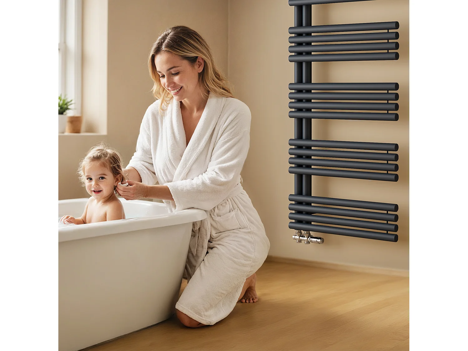 EMKE Sèche Serviettes à Eau Chaude pour Salle de Bain, 1660 x 600 mm, Tuyaux Ronds Porte-Serviettes, Chauffe-Serviettes, Anthracite 776W