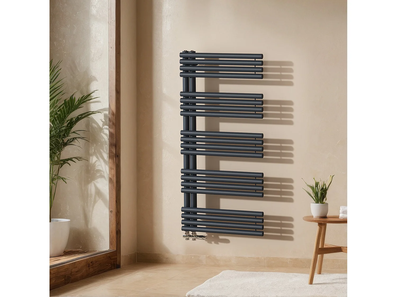 EMKE Badheizkörper 1265 x 600 mm, Runde Rohre Handtuchheizkörper Seitenanschluss Handtuchtrockner Handtuch Heizkörper Bad Anthrazit 776W