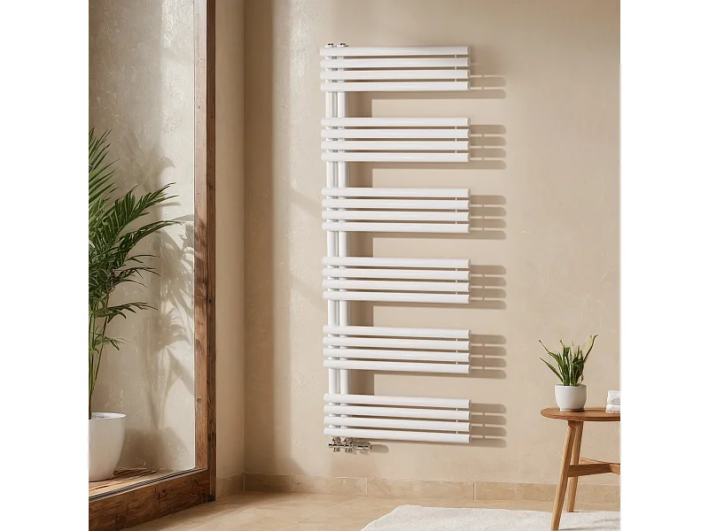 EMKE Sèche Serviettes à Eau Chaude pour Salle de Bain, 1660 x 600 mm, Tuyaux Ronds Porte-Serviettes, Chauffe-Serviettes, Blanc 933W