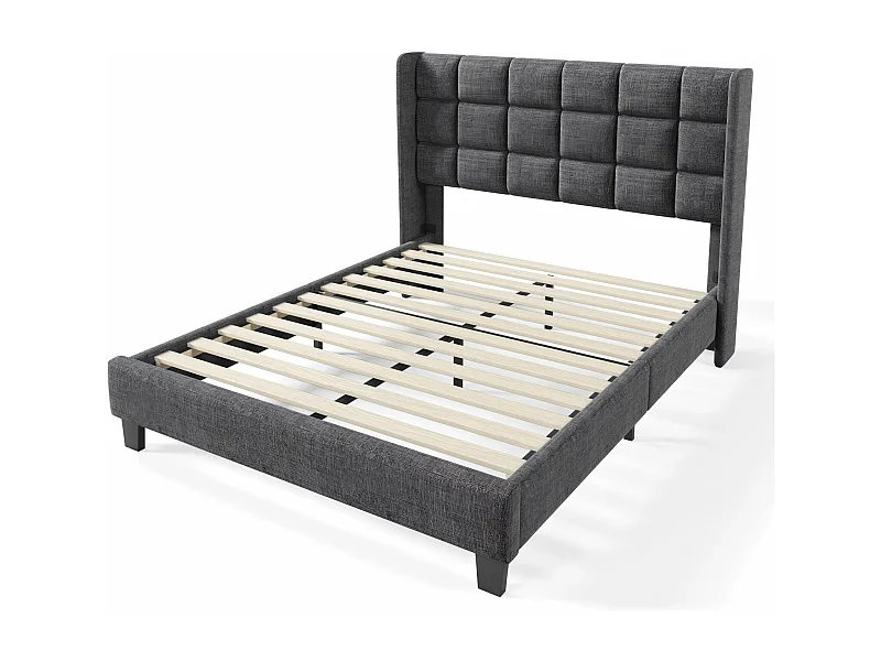 Cama doble de 140x200 cm, en lino gris, con marco de café con leche, sin colchones