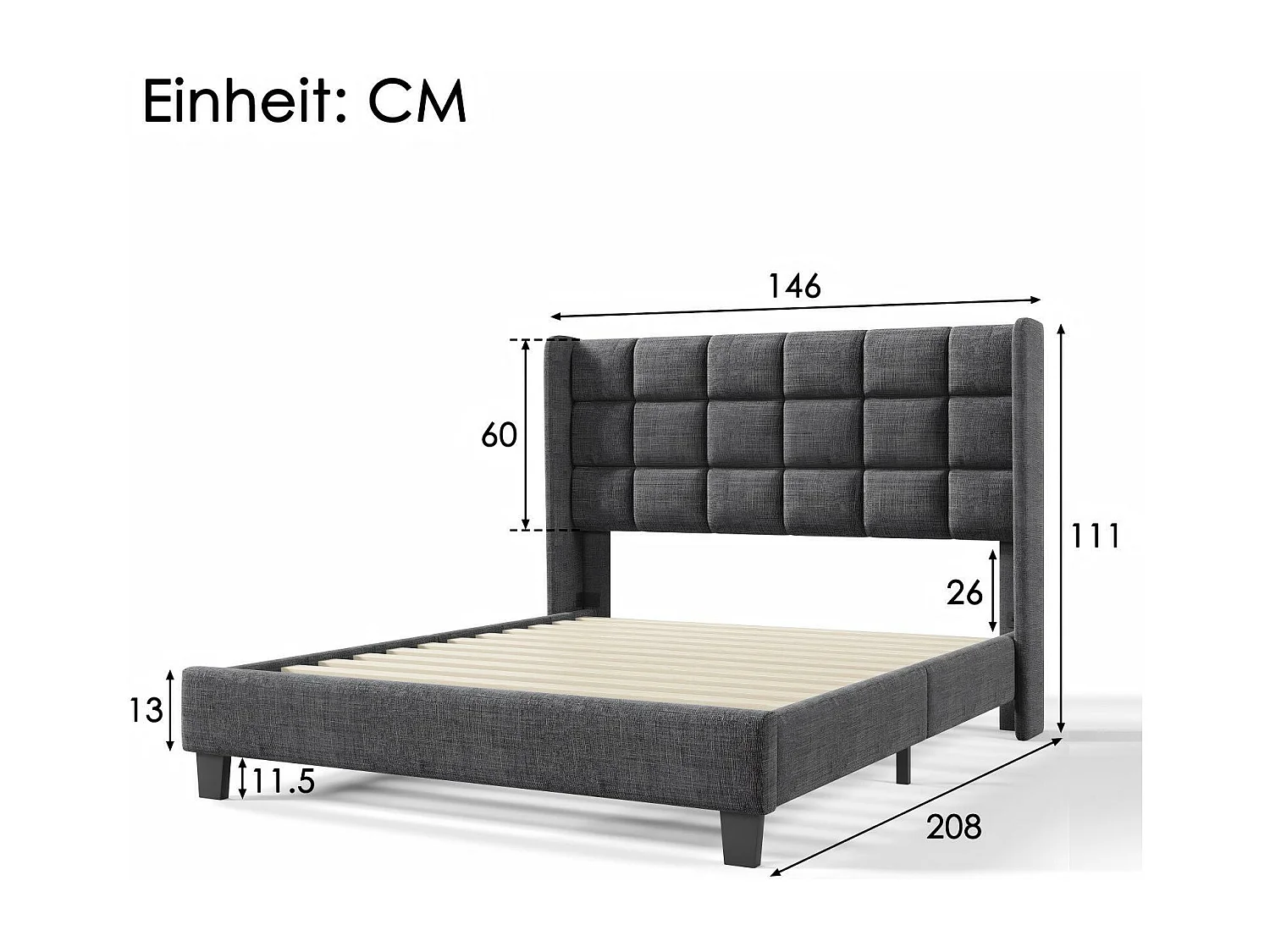 Lit double 140x200 cm, en lin gris, avec cadre à latte, sans matelas