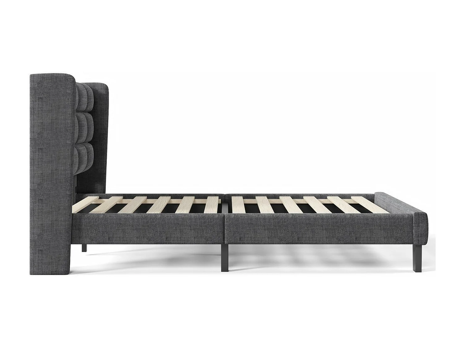 Lit double 140x200 cm, en lin gris, avec cadre à latte, sans matelas