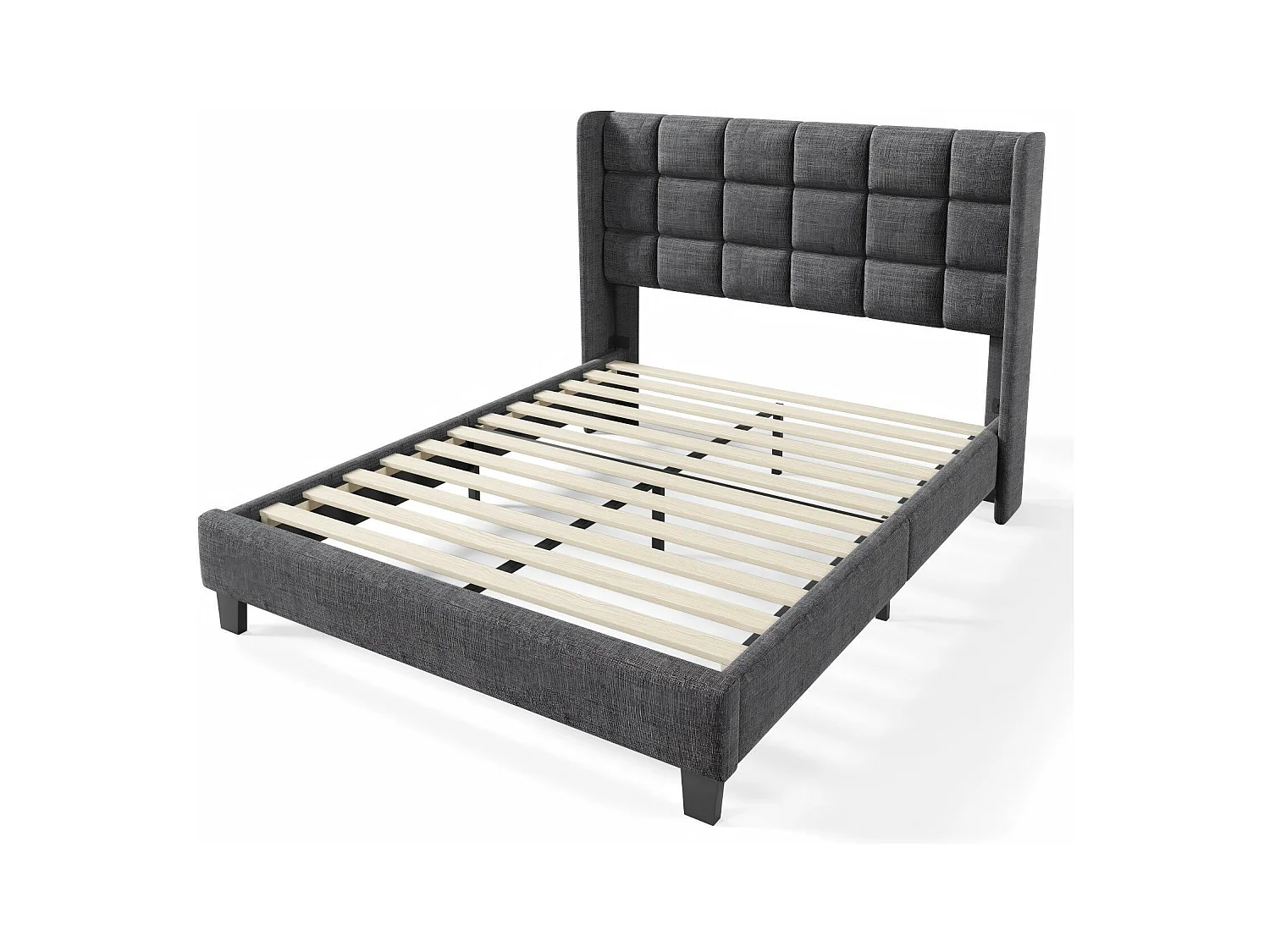 140x200 cm tweepersoonsbed, in grijs linnen, met latte frame, zonder matrassen