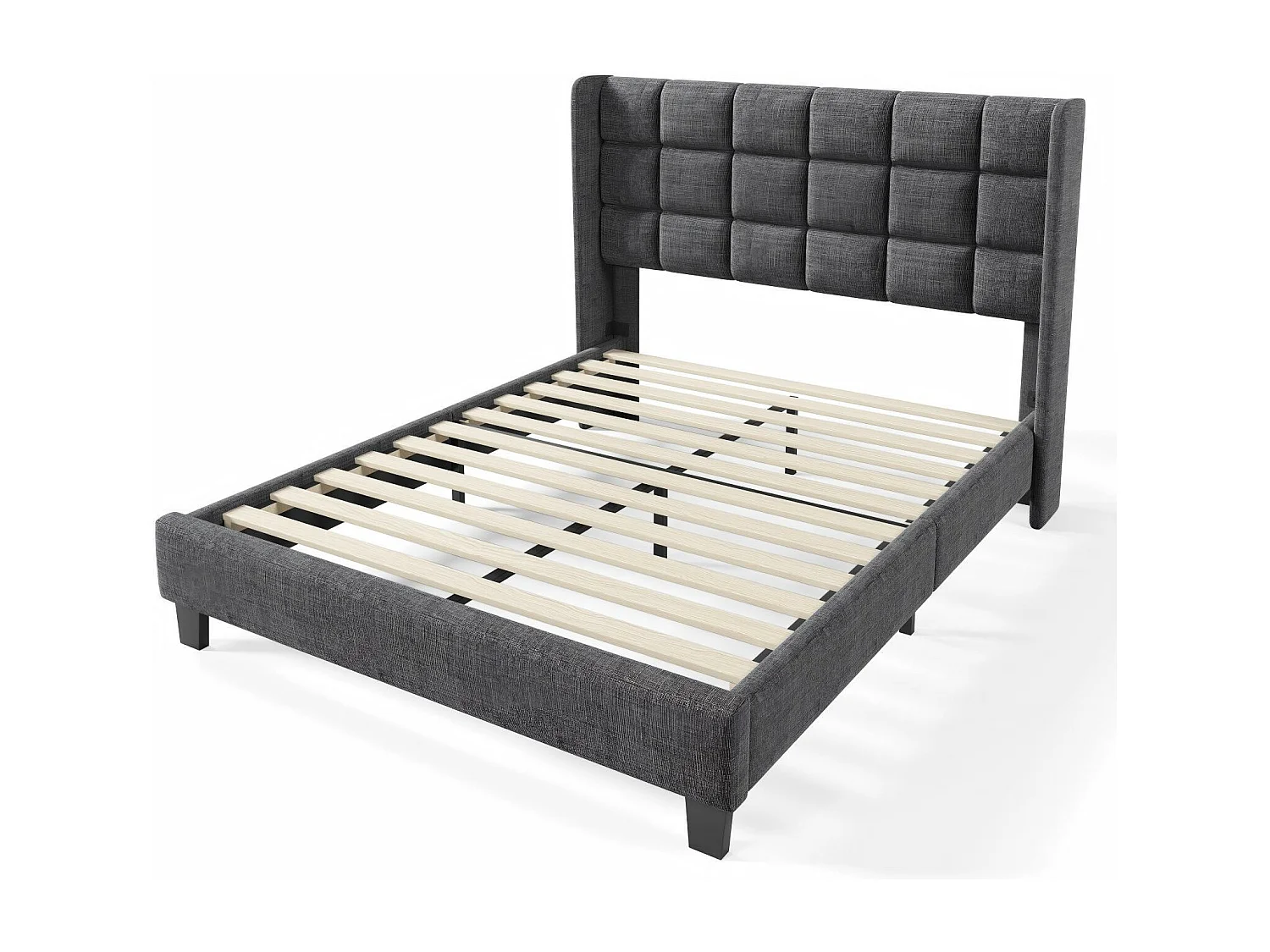 Lit double 140x200 cm, en lin gris, avec cadre à latte, sans matelas