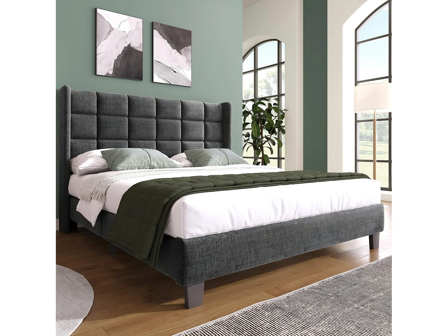 Lit double 140x200 cm, en lin gris, avec cadre à latte, sans matelas