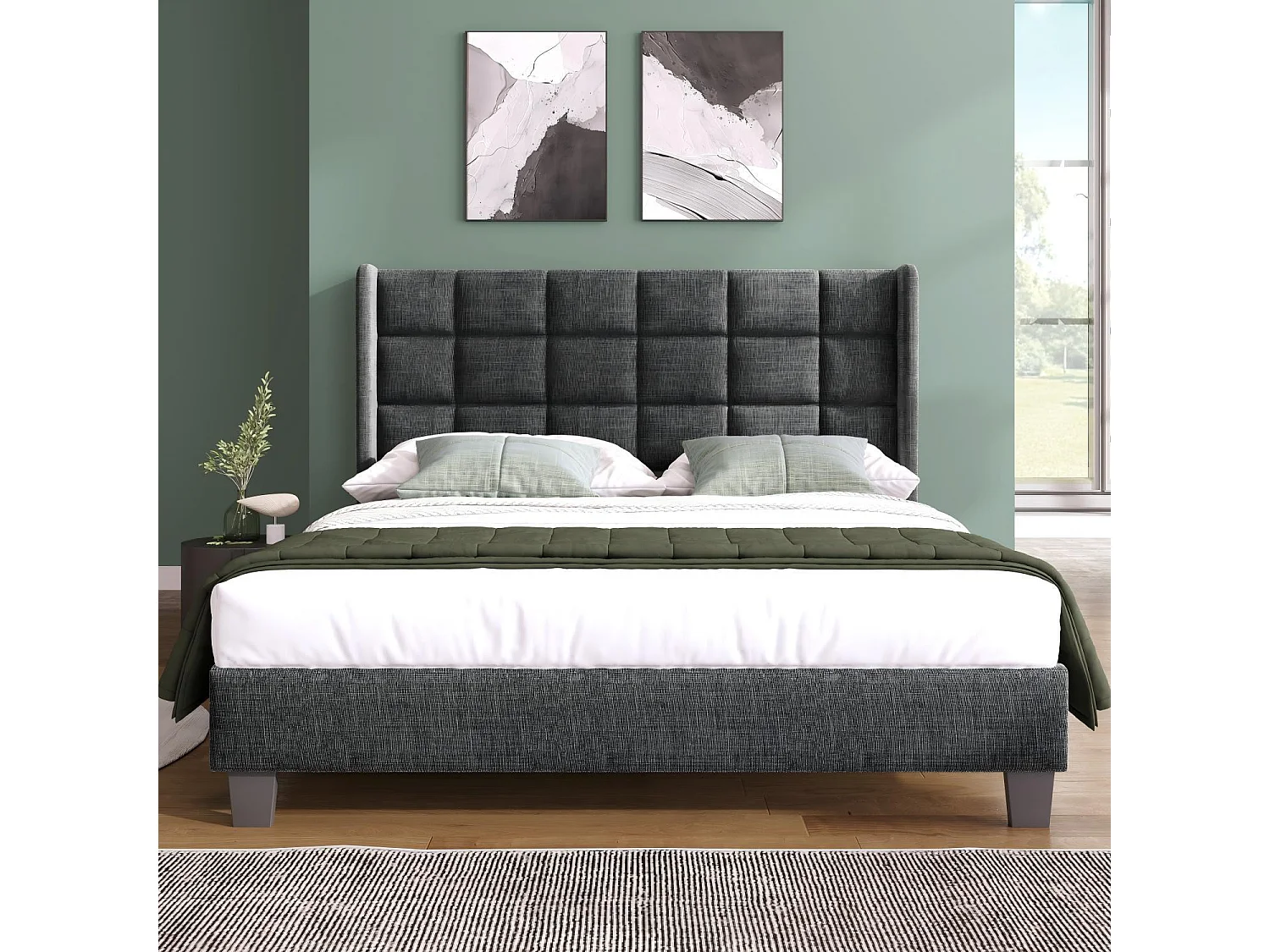 Lit double 140x200 cm, en lin gris, avec cadre à latte, sans matelas