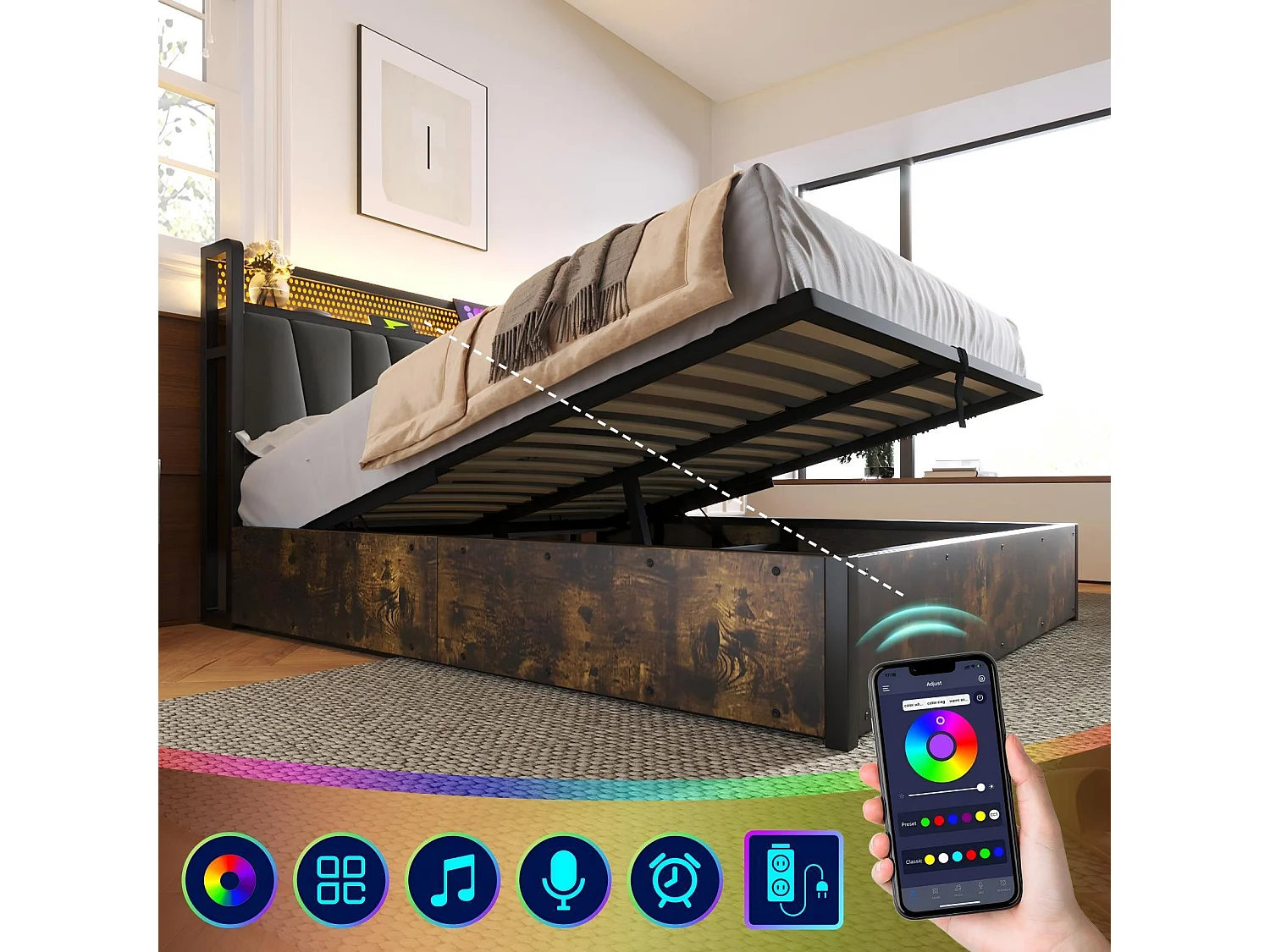 Dubbele borst 160x200cm+ matras, met LED's en USB -laadpoorten, app -besturing, grijs