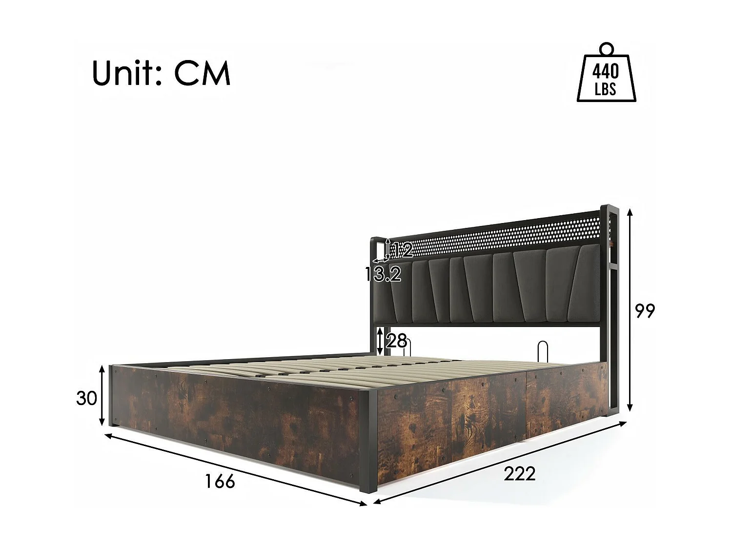 Dubbele borst 160x200cm+ matras, met LED's en USB -laadpoorten, app -besturing, grijs