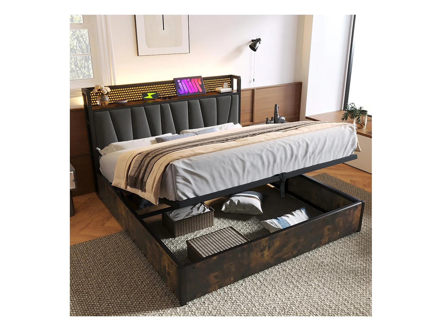 Lit double coffre 160x200cm+ matelas, avec LED et ports de charge USB, App contrôle, Gris