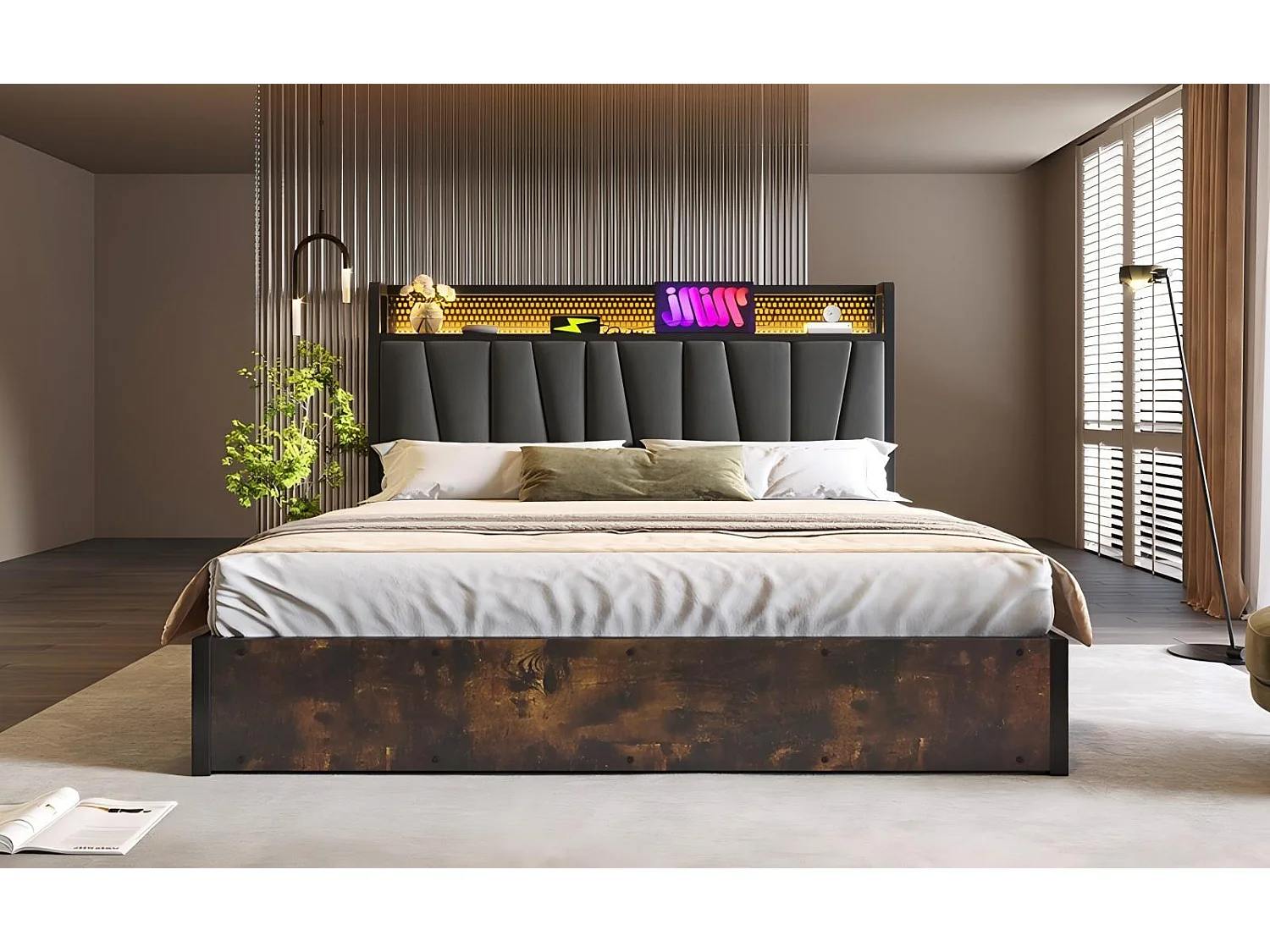 Colchón doble cofre de 160x200cm+, con LED y puertos de carga USB, control de aplicaciones, gris